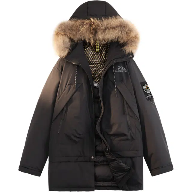 帕丁顿熊 纯色可拆卸下摆拼接休闲防风防寒毛领派克中长款羽绒服 男女同款