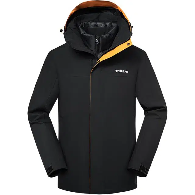 探路者  三合一可脱卸连帽拉链字母  防水防风耐磨保暖冲锋衣 男款 黑色