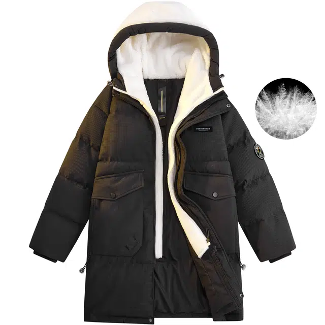 帕丁顿熊 羊羔毛撞色拼接假两件连帽休闲宽松中长款防寒保暖加厚羽绒服外套 男女同款