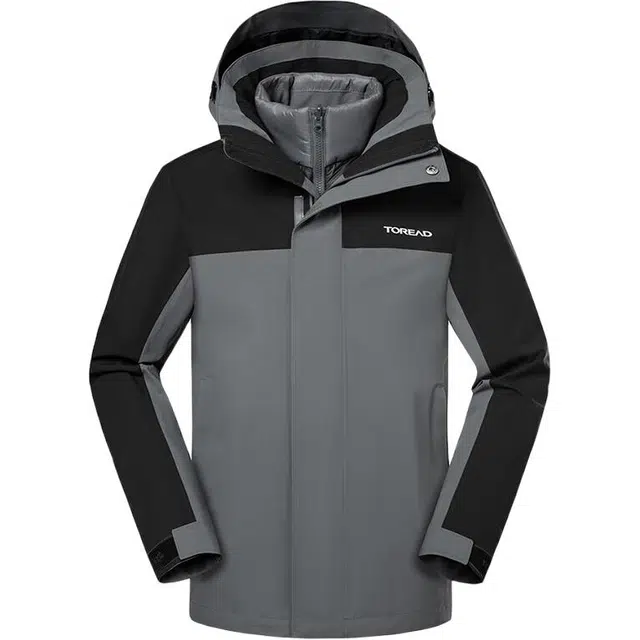 探路者  三合一可脱卸连帽拉链字母  防风保暖冲锋衣 男款 铅灰/黑色