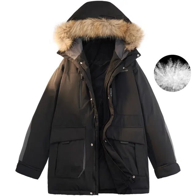 帕丁顿熊 雪山反光印花撞色机能连帽工装防寒保暖中长款毛领派克服加厚羽绒服外套 男女同款