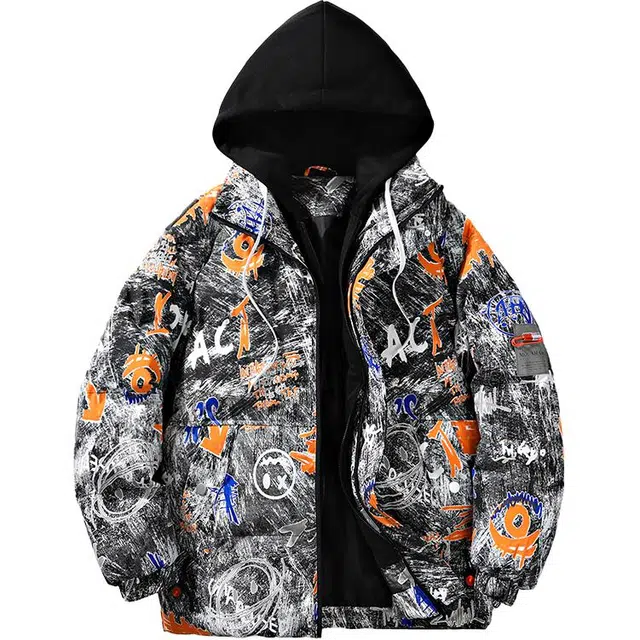 极限涡轮 美式街头风基础简约潮流时尚休闲印花涂鸦青少年国潮加厚连帽保暖百搭棉服 男女同款 黑色