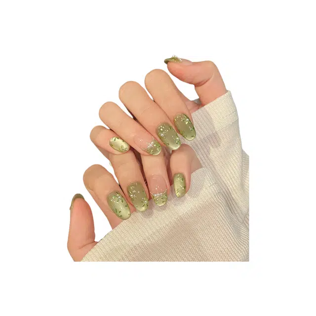 韵月乔 春意盎然手绘花  穿戴甲 椭圆绿色渐变 猫眼