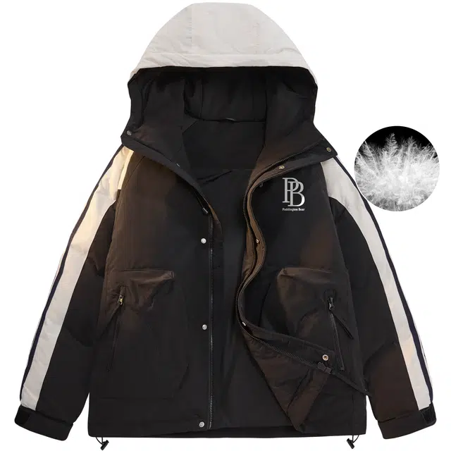 帕丁顿熊 经典撞色条纹拼接宽松防寒保暖连帽羽绒服外套 男女同款