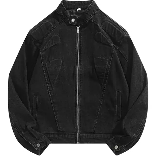 极限涡轮 美式复古小众立体浮雕立体水洗垫肩宽松纯色拉链夹克外套 男女同款