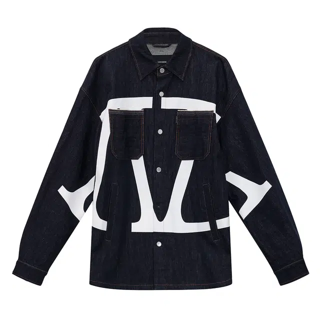 安正 翻领单排扣胶印纯色牛仔夹克 男款 丈青