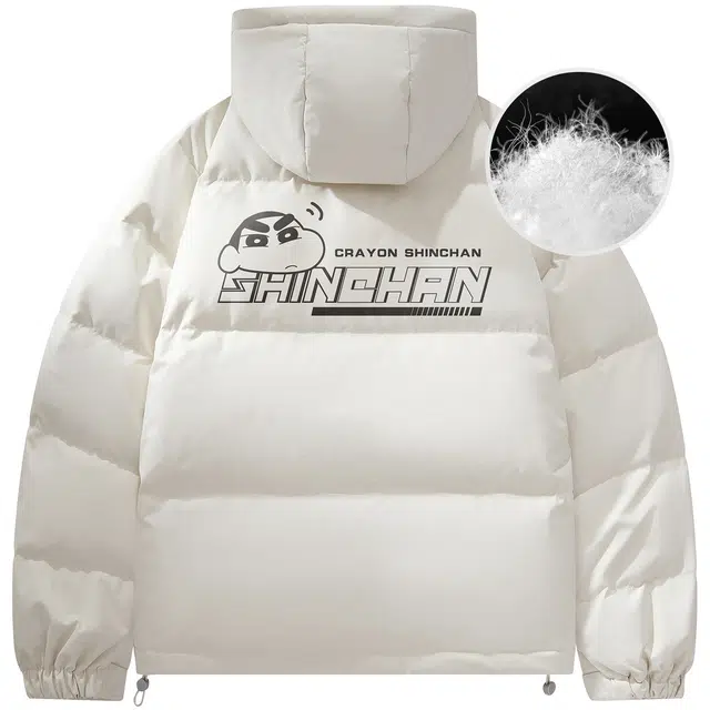蜡笔小新 卡通立体字母印花下摆可调节保暖加厚休闲连帽面包羽绒服外套 男女同款