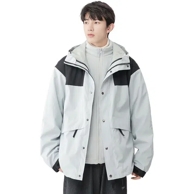 雅鹿  美式复古休闲拼色连帽设计感工装纽扣潮流百搭  防风耐磨冲锋衣 男女同款
