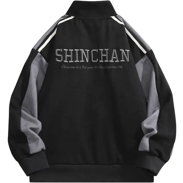 蜡笔小新 撞色麂皮拼接卡通小新徽标休闲宽松落肩立领夹克外套 男女同款