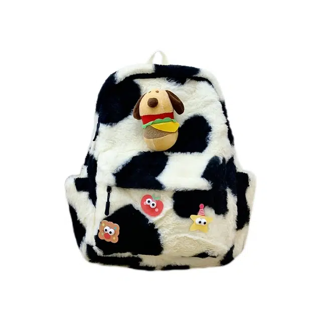 恒源祥 汉堡狗狗猫猫奶牛撞色 毛绒 背包双肩包 女款 黑白色