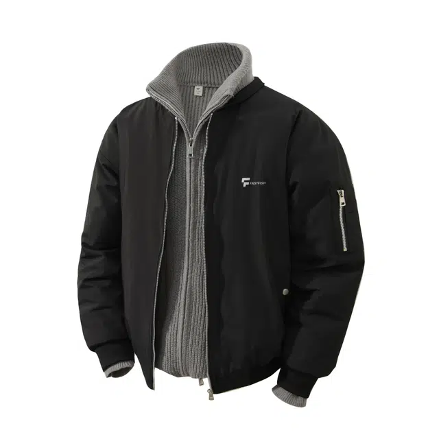 快鱼 美式复古高街学院风酷帅潮流军事风宽松棒球领加厚飞行员夹克外套叠穿立领拉链开衫纯色针织衫百搭休闲学生棉服 男女同款