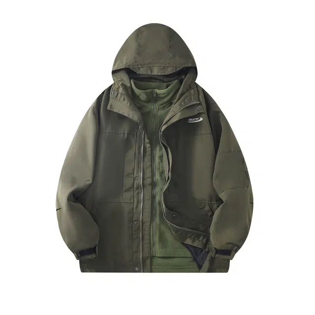 雅鹿  可拆卸内胆户外休闲运动纯色结构风工装连帽宽松休闲加厚  防水防风保暖防泼水防雨冲锋衣 男女同款 军绿色