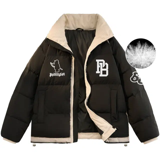 帕丁顿熊 绅士小熊泼墨印花撞色条纹休闲宽松防寒保暖面包服加厚羽绒服 男女同款
