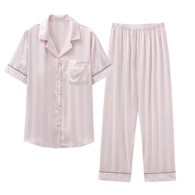 潞优野 凉感条纹简约舒适带胸垫睡衣套装 女款 粉色