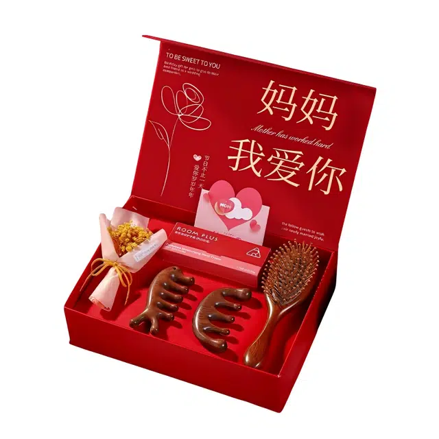 夕唐 檀木梳母亲实用生日给妈妈母亲长辈高档精致梳子按摩梳丝巾花束贺卡 礼盒套装