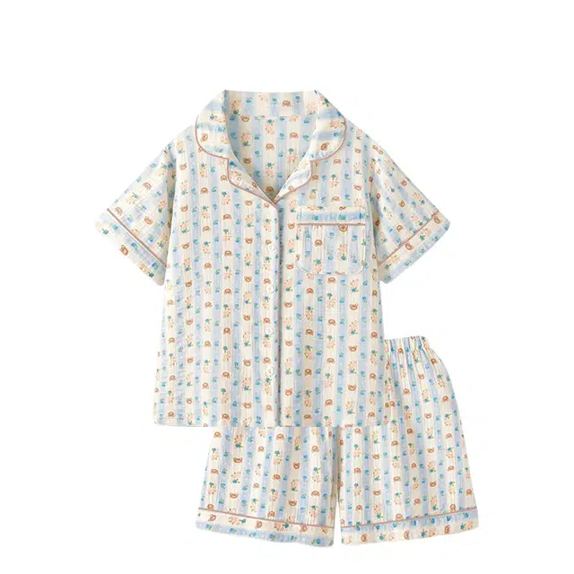 俏韵 翻领休闲开衫短袖可爱家居服睡衣套装 女款 蓝色