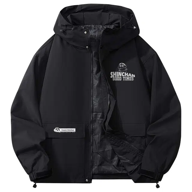 蜡笔小新 山系户外运动卡通小新字母印花休闲大口袋可调节连帽夹克外套 男女同款