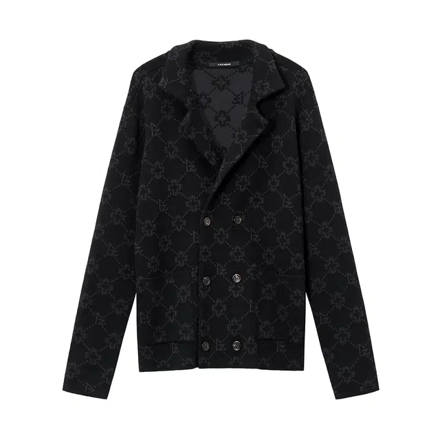 安正 提花西装领双排扣休闲长袖夹克 男款 花黑