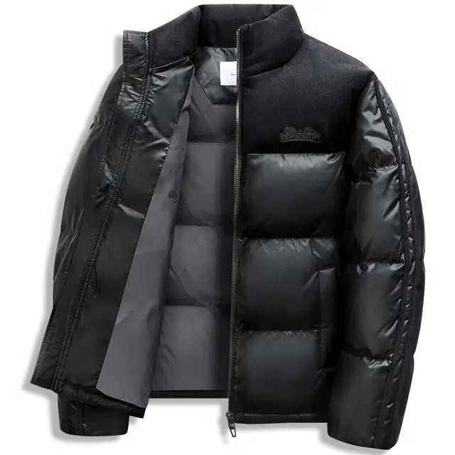 与狼共舞 仿皮保暖面包服厚款拼接设计时尚休闲立领羽绒服 男款 黑色