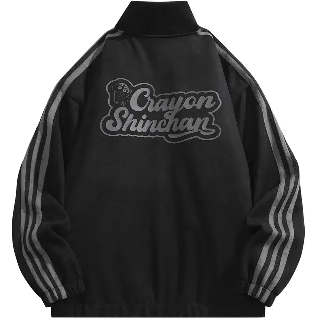 蜡笔小新 麂皮撞色条纹卡通小新字母宽松立领飞行员夹克外套 男女同款