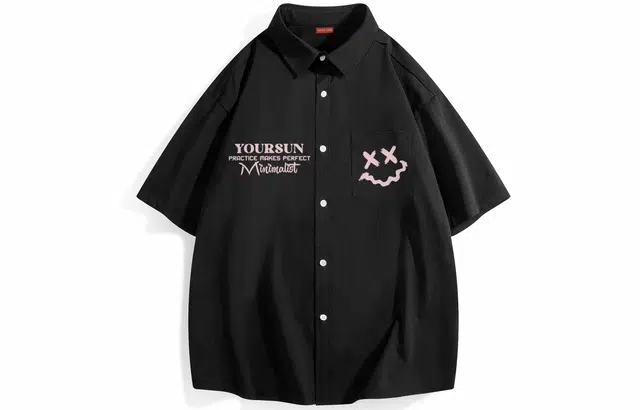 宜而爽 日系简约基础款多巴胺笑脸字母印花休闲宽松透气百搭舒适翻领经典柔软亲肤抗皱易打理凉感纯棉落肩日常通勤短袖衬衫 男女同款