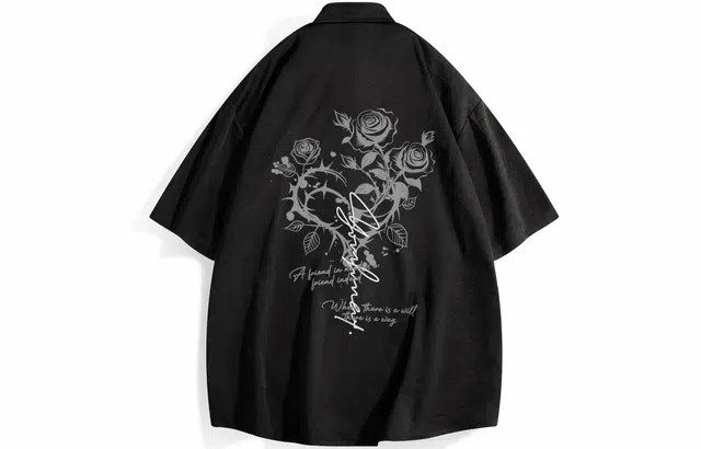 宜而爽 新中式文艺复古玫瑰花卉个性签名字母印花休闲宽松透气百搭舒适翻领经典柔软亲肤抗皱易打理凉感纯棉落肩通勤短袖衬衫 男女同款
