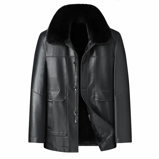 雅鹿 中年可拆卸毛领皮夹克外套 男女同款 黑色