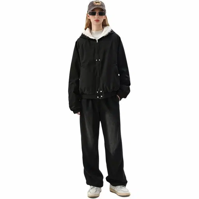雅鹿 宽松短款时尚舒适夹克外套 男女同款 黑色