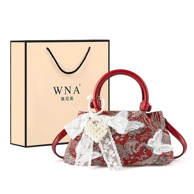 维尼奥 品牌国风刺绣甜美蕾丝蝴蝶结大气女包高颜值时尚百搭休闲新娘结婚包优雅新中式复古通勤包 合成革 手提包单肩斜挎 常规 女款 红色