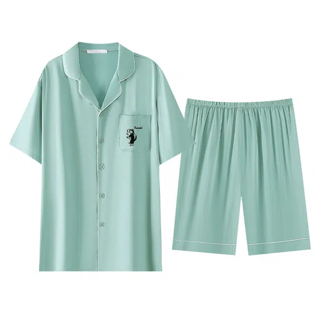 俏薇妮 柔软简约冰丝纯色时尚高级感短袖翻领家居服舒适透气休闲凉感可外穿睡衣套装 男款 浅绿色