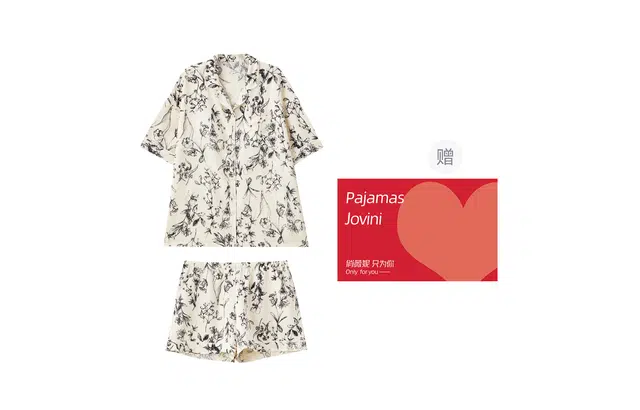 俏薇妮 简约柔软短袖上衣凉感家居服舒适透气休闲三分裤睡衣套装 女款 礼盒装 米白色