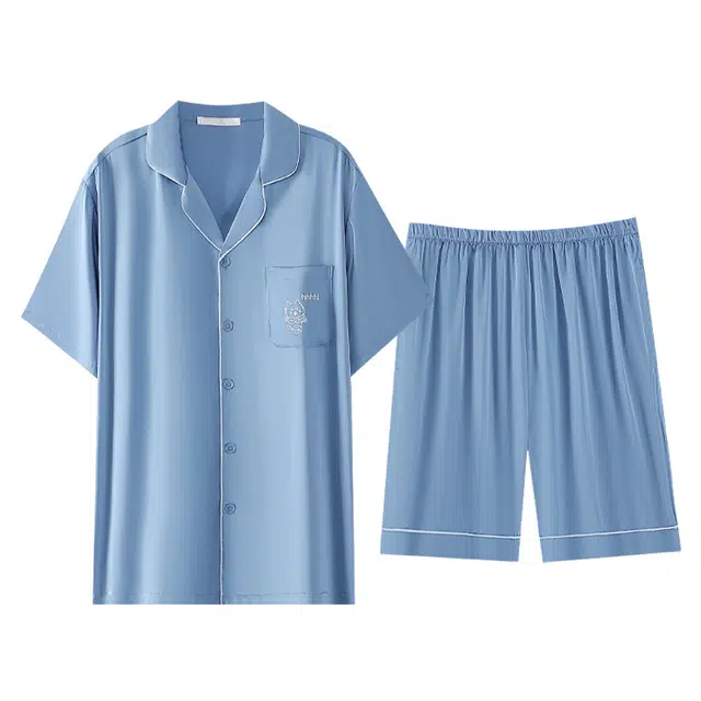 俏薇妮 柔软简约翻领短袖上衣家居服舒适透气休闲凉感可外穿五分裤夏季睡衣套装 男款 浅蓝色