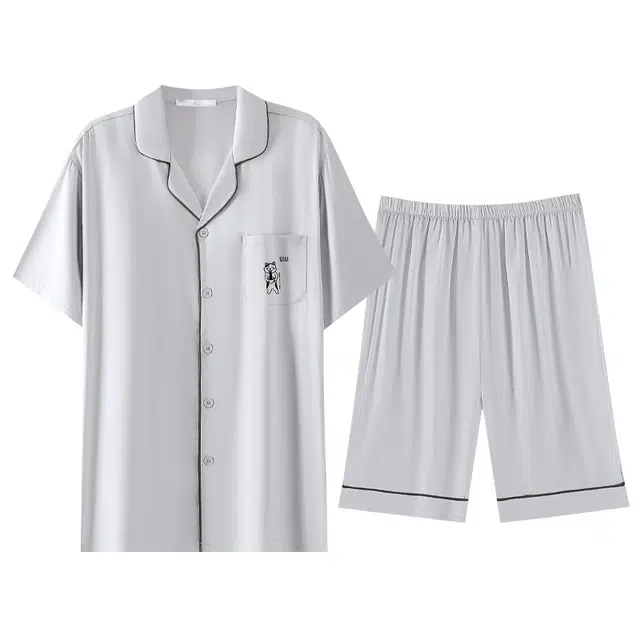 俏薇妮 柔软简约纯色翻领短袖上衣家居服舒适透气休闲凉感可外穿五分裤夏季睡衣套装 男款 浅灰色