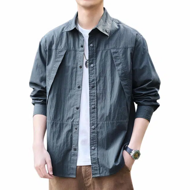 格蓝鹿 经典潮牌登山工装高端纯色日系休闲垂感长袖衬衫 宽松型 男女同款