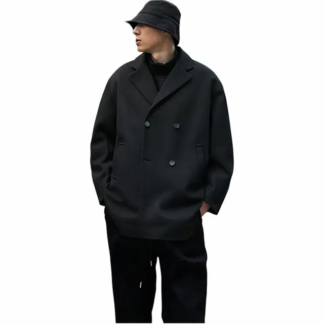 雅鹿 百搭宽松西装领毛呢双排扣保暖中长款夹克外套 男女同款 黑色