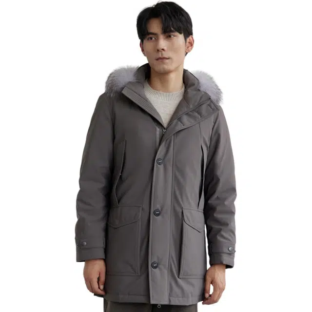 依文 中长款保暖纯色商务休闲羽绒服 男款 灰咖色