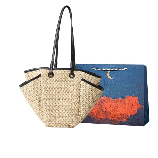 爱尔绅特 简约托特包时尚通勤休闲度假沙滩 草编 单肩包 女款 米白色/卡其色