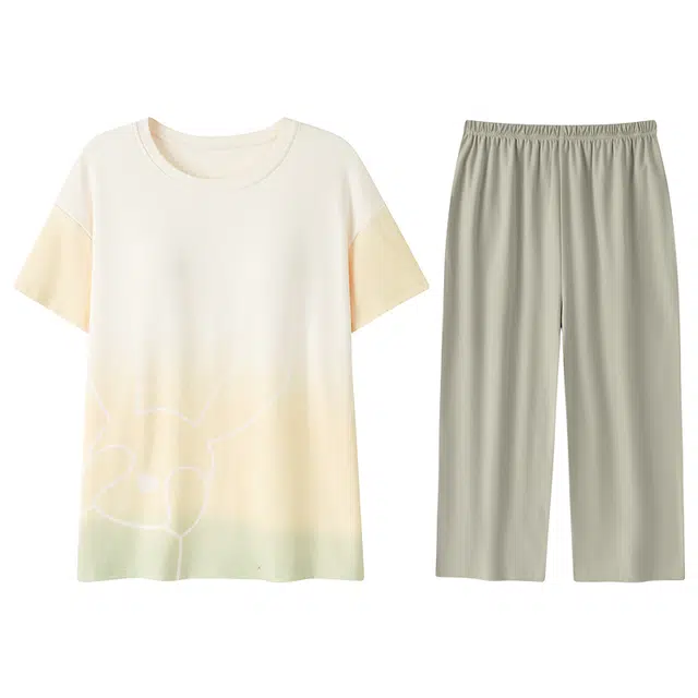 向薇 带胸垫可外穿短袖上衣家居服七分裤睡衣套装 女款 图片色