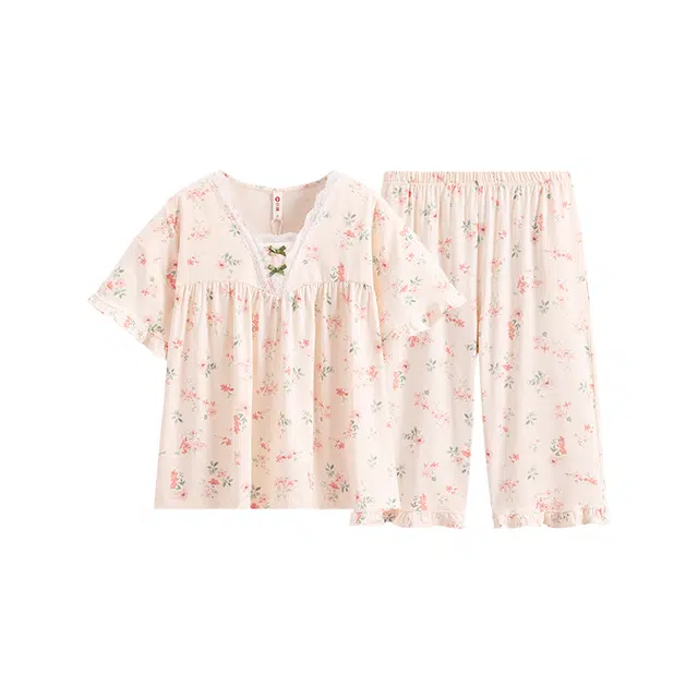 芬腾 甜美休闲凉感短袖上衣家居服七分裤睡衣套装 女款 浅虾