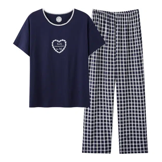 潞优野 薄款短袖运动休闲大码睡衣套装 女款 藏蓝色