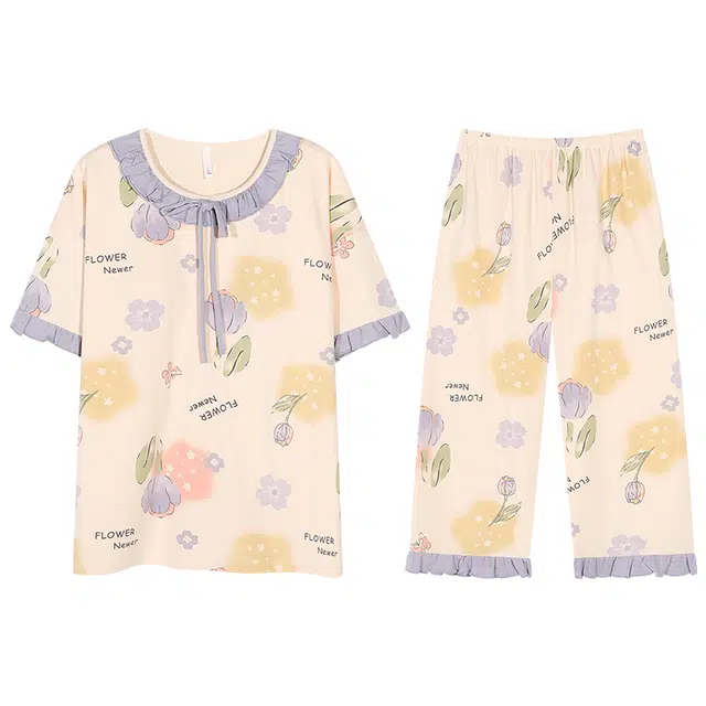 向薇 舒适带胸垫短袖七分裤薄款家居服睡衣套装 女款 图片色