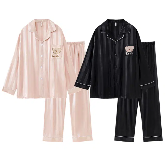 顶瓜瓜 长袖长裤纯色条纹可爱开衫家居服睡衣套装 男女同款