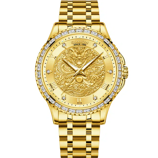 冠琴 金龙传承系列 精选龙表国潮时尚机械男士手表 自动机械机芯 不锈钢表带 国表 男表 金色表盘 夜光防水品质腕表