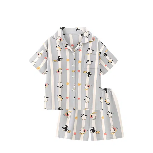 俏韵 卡通可爱短袖条纹家居服睡衣套装 女款 灰色