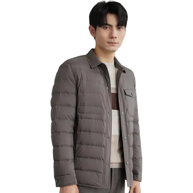 依文 翻领纯色休闲羽绒服 男款 灰咖色