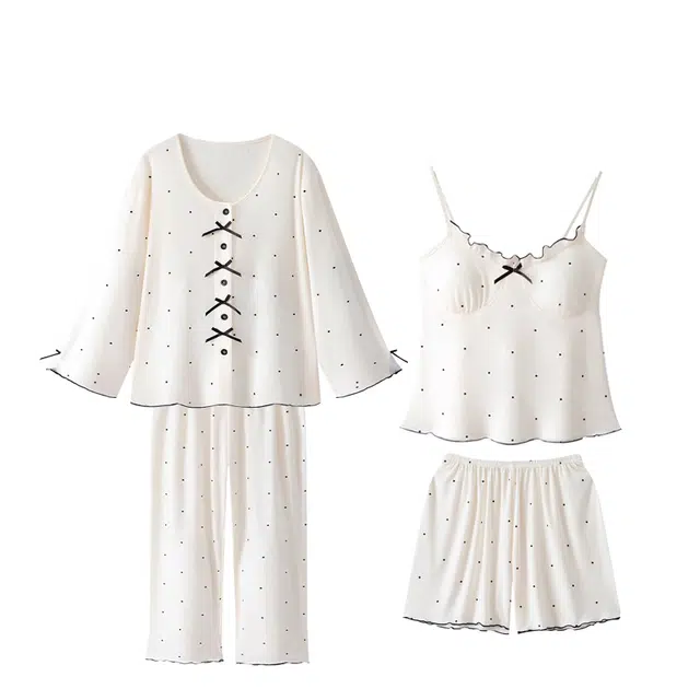 俏韵 舒适亲肤长袖上衣带胸垫吊带透气短裤家居服长裤睡衣套装 女款 杏色