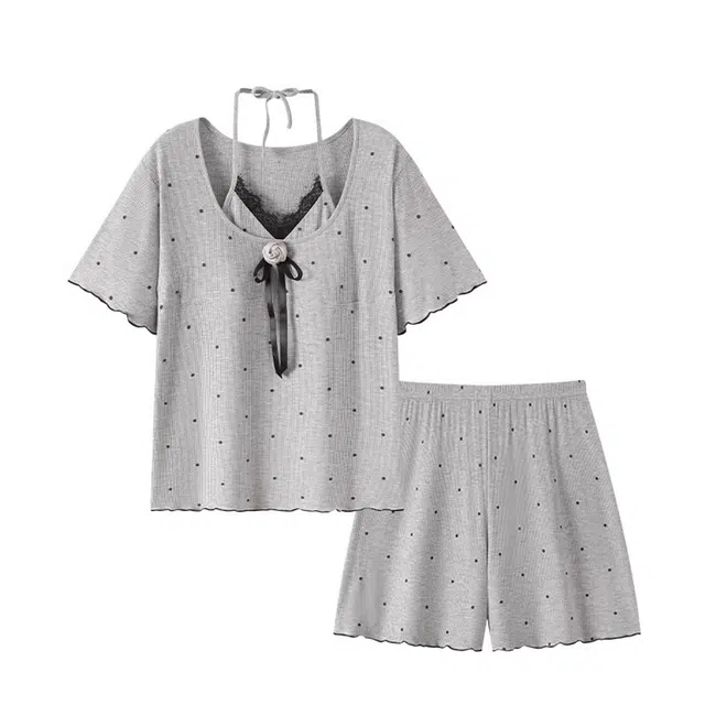 俏韵 纯欲风挂脖短袖甜美家居服睡衣套装 女款 灰色