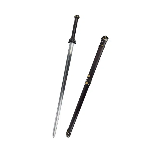 天子剑 梅兰竹菊剑 龙泉花纹钢宝剑长黄铜鎏金银装具黑檀木鞘收藏未开刃 成品模型