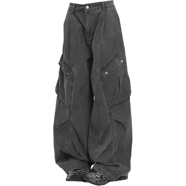 拾个壹先生 美式复古高街风多口袋褶皱宽松休闲百搭工装裤牛仔裤 男女同款