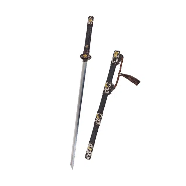 天子剑 盘龙唐横刀 龙泉刀剑七枚合花纹钢珍珠鱼皮鞘黄铜鎏金银装未开刃 成品模型